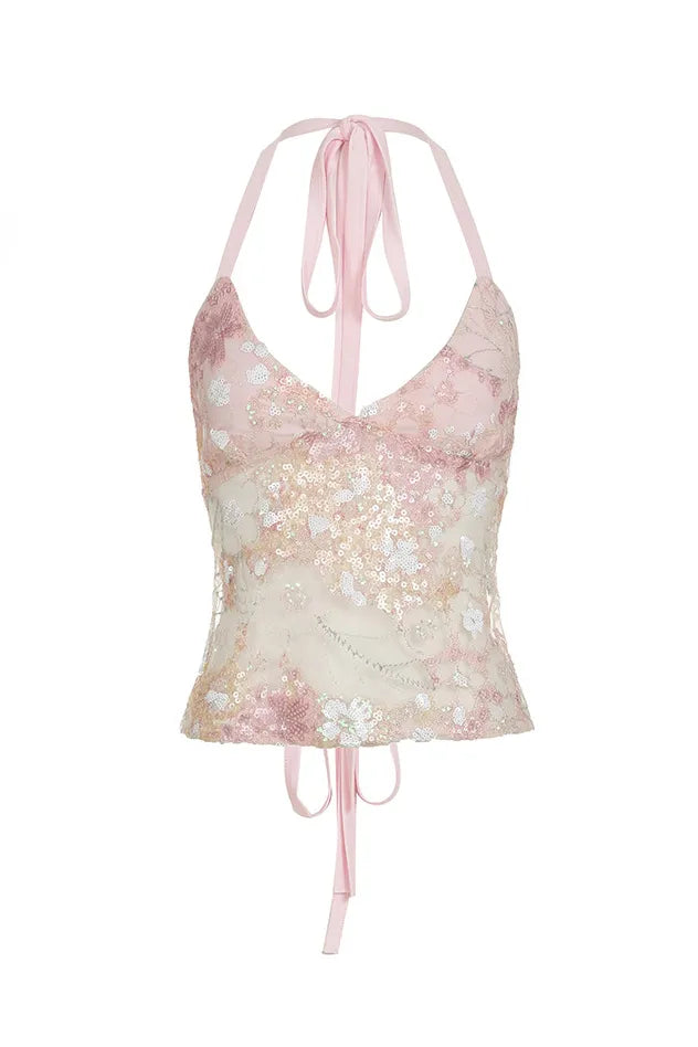 Etoile Sequin Mesh Halter Neck Tank Top