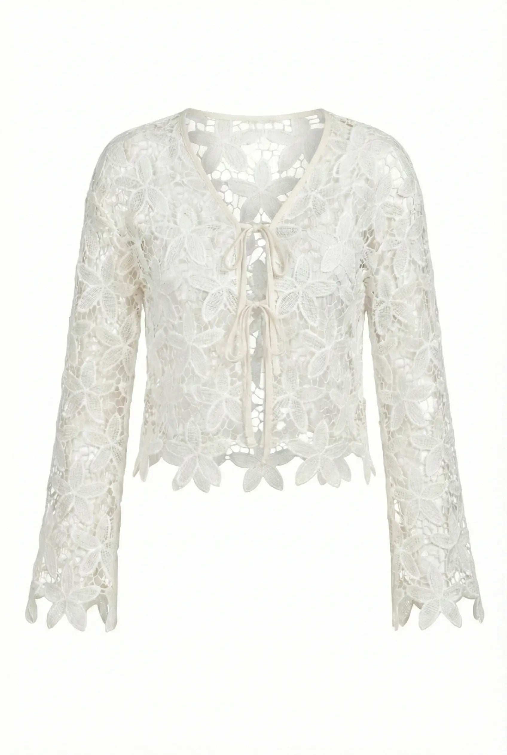 Fleur Openwork Tie-Front Long Sleeve Cardigan