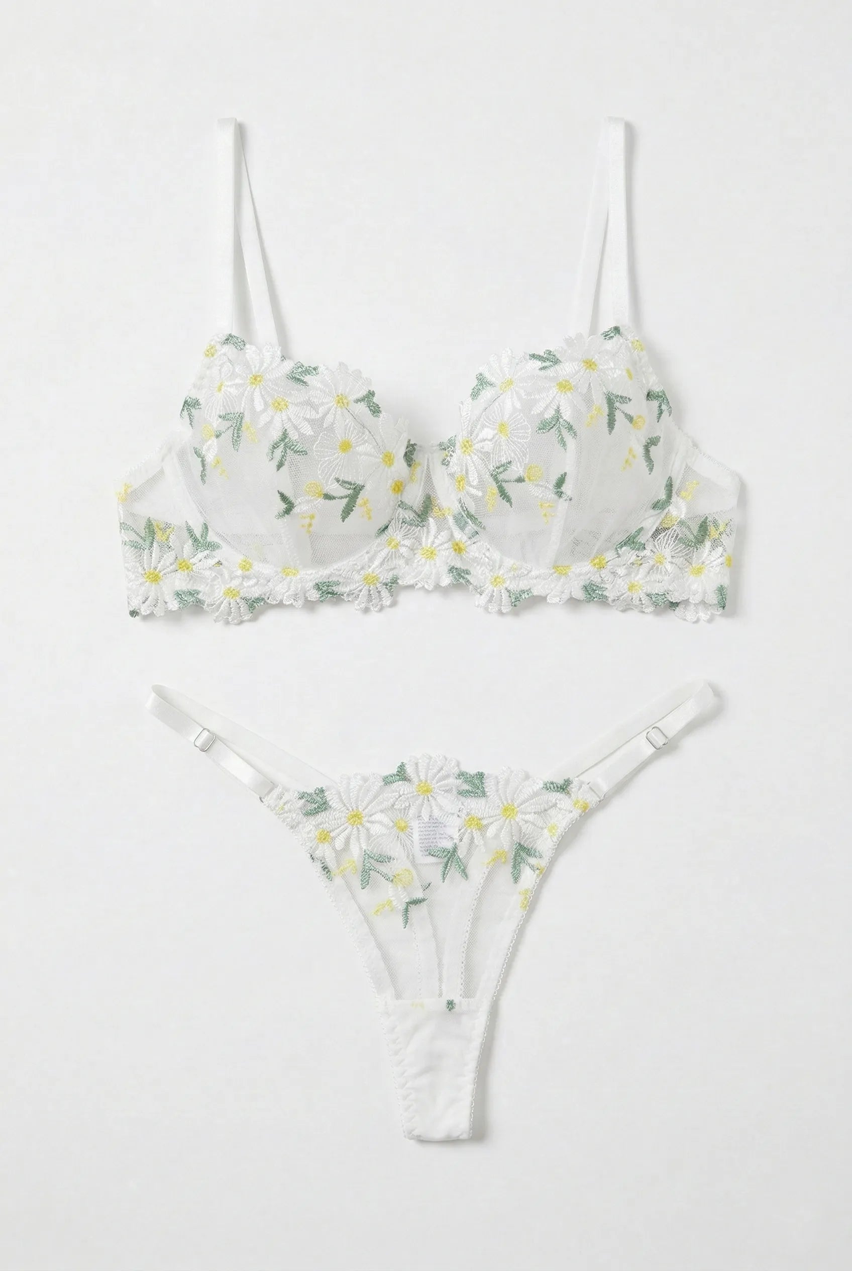 Daisy Chain Floral-Embroidered-Sheer Lingerie Set