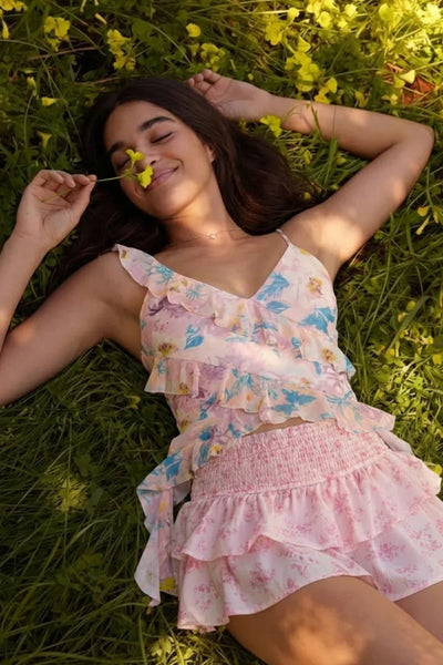 Cleo Asymmetric Hem Print Mesh Camisole Top