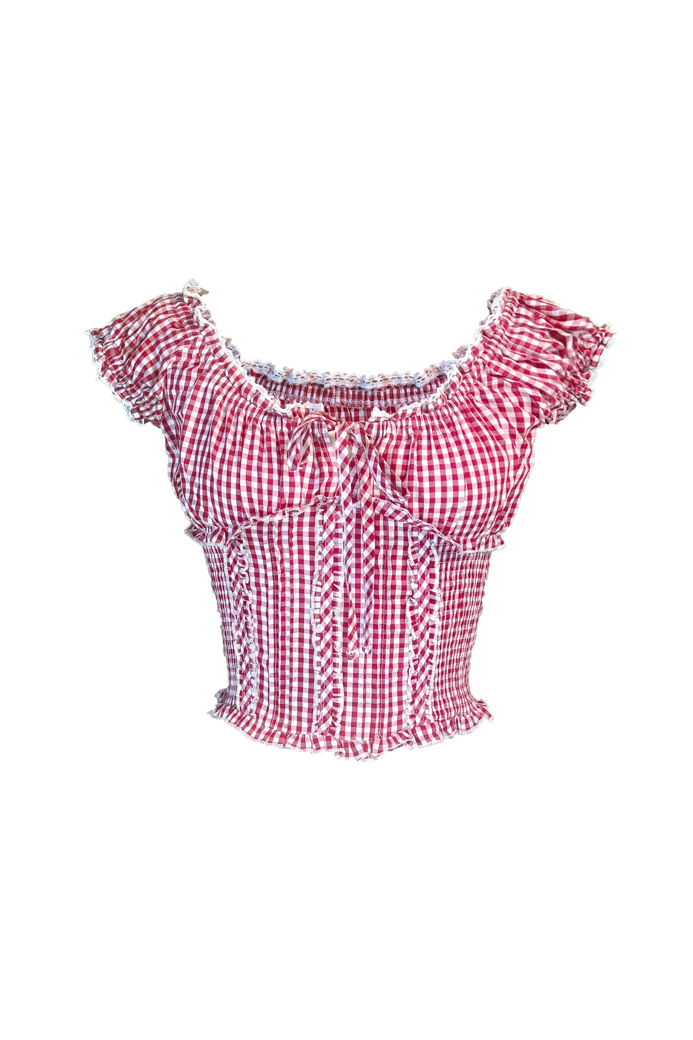 Clementine Lace-Up Plaid Off-the-Shoulder Top