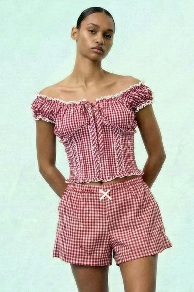 Clementine Lace-Up Plaid Off-the-Shoulder Top