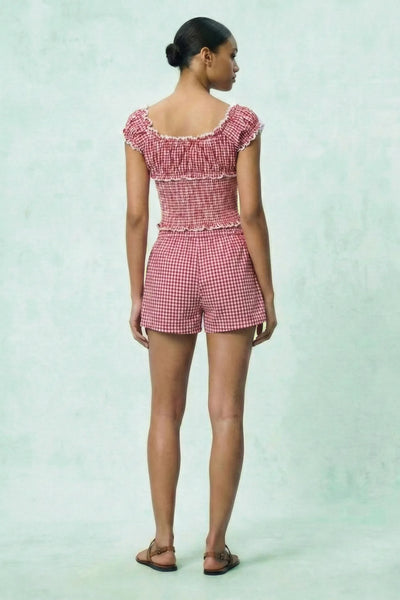 Clementine Lace-Up Plaid Off-the-Shoulder Top