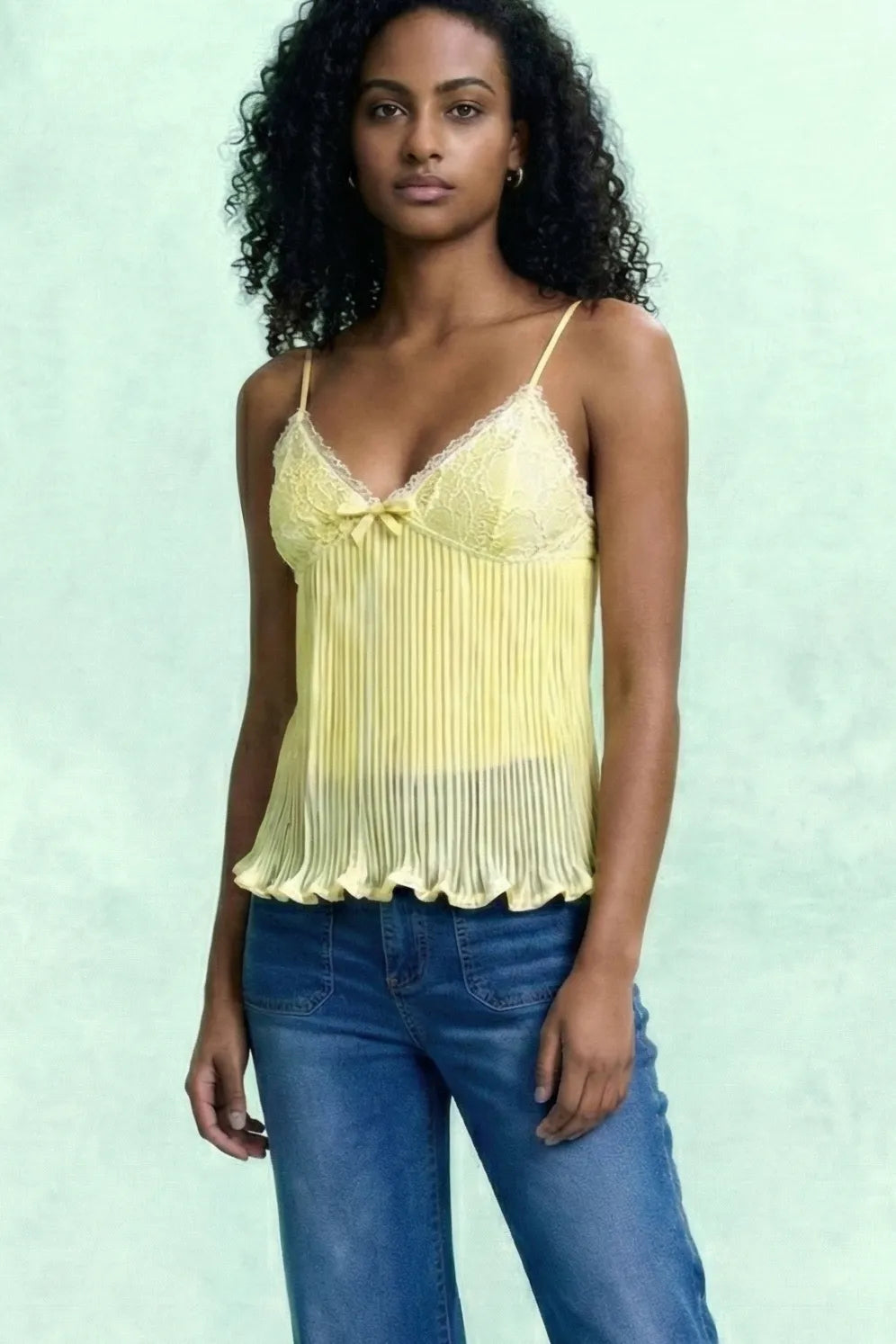 Cheesecup Sheer Pleated Lace-Paneled Camisole
