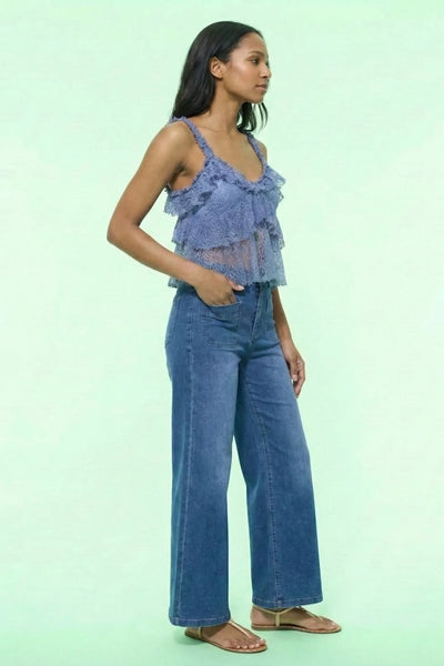 Noir Sleeveless Layered Ruffled Hem Lace Camisole Top