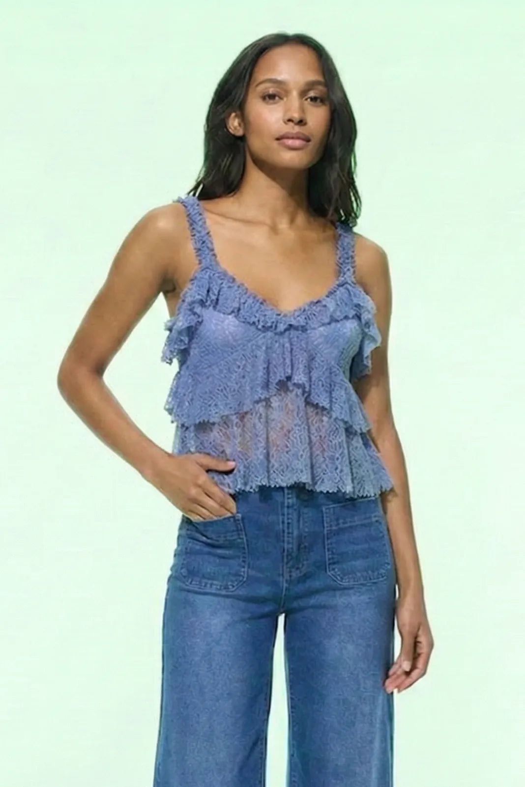 Noir Sleeveless Layered Ruffled Hem Lace Camisole Top