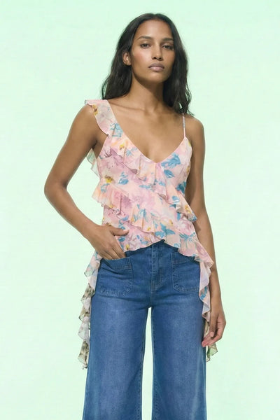 Cleo Asymmetric Hem Print Mesh Camisole Top