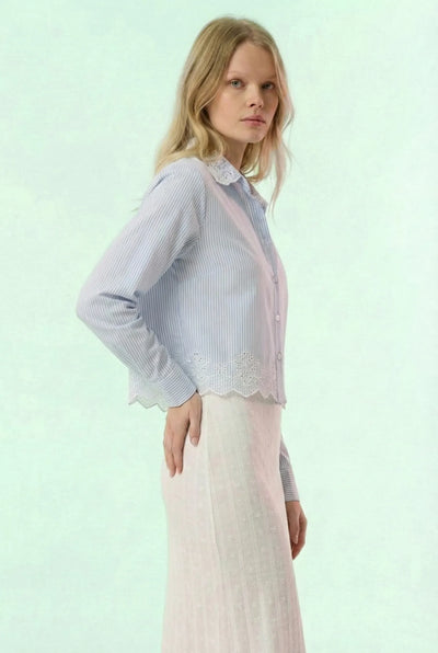 Beatrice Front Button Down Openwork Striped Long-Sleeve Shirts