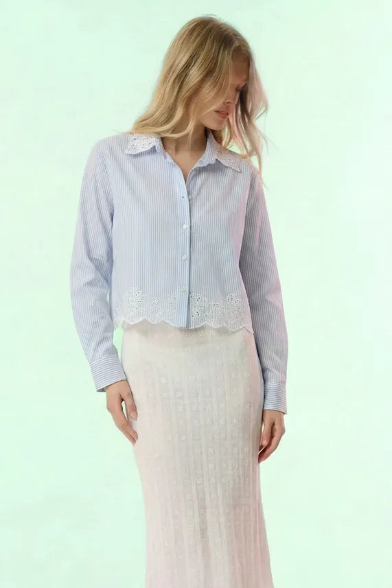 Beatrice Front Button Down Openwork Striped Long-Sleeve Shirts