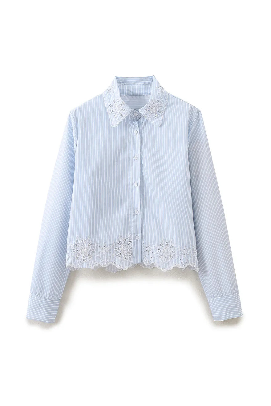 Beatrice Front Button Down Openwork Striped Long-Sleeve Shirts